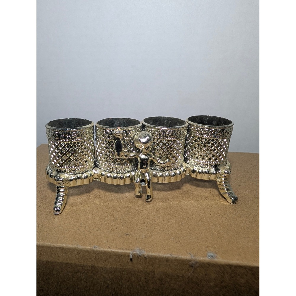 Japan Vintage Lipstick Holder Hollywood Regency Cherub 4-Slot Filigree Metal